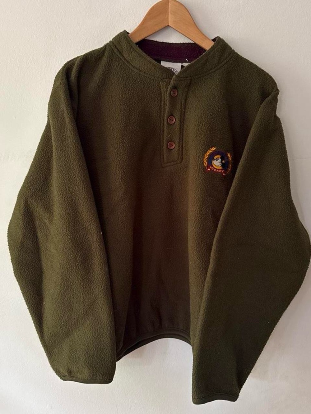 Vintage 90s Disney Mickey Green / Khaki 100% Polyester Fleece Button Up Sweater